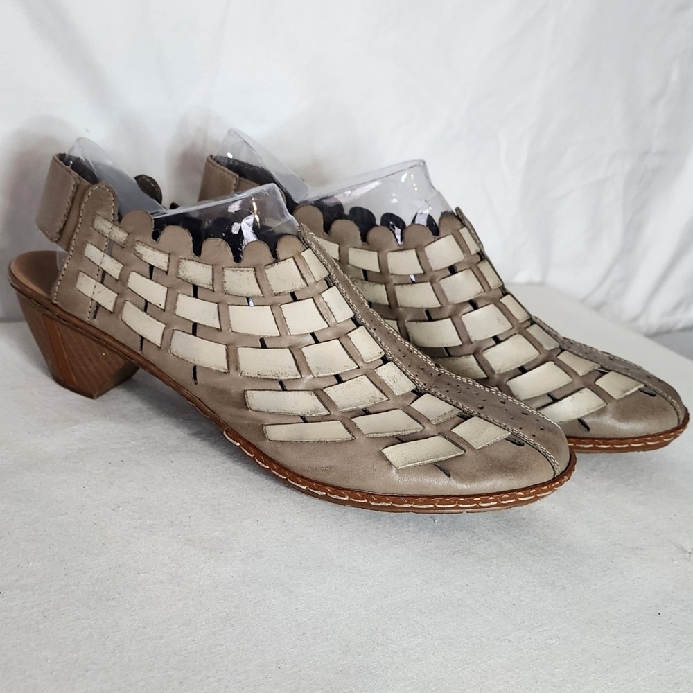 Rieker Antistress Womens 40 Taupe Leather Woven Cutout Slingback Block Heels